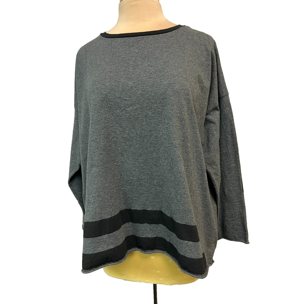 Planet One Size Fits All‎ Boxy Tee Top Gray Cotton Black Contrast 3/4 Sleeves